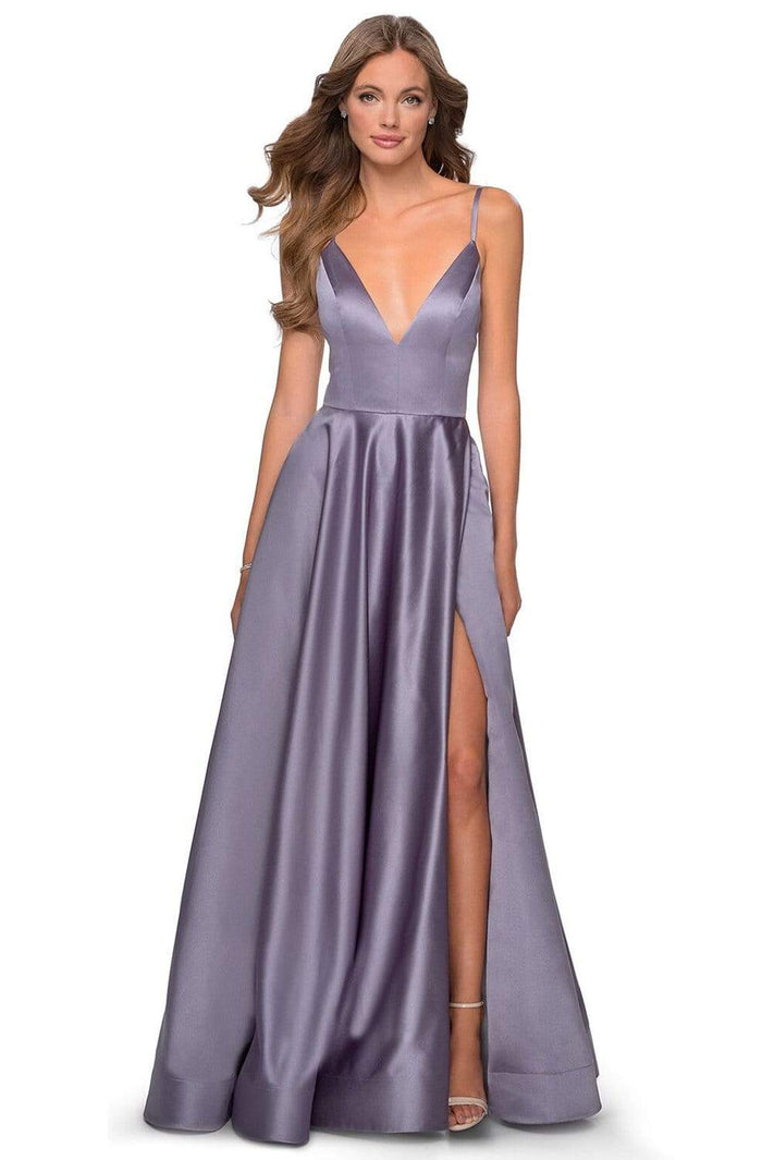 La Femme - Plunging V-Neck Fitted Satin A-Line Dress 28628SC - 1 pc Lavender/Gray In Size 0 Available CCSALE 0 / Lavender/Gray