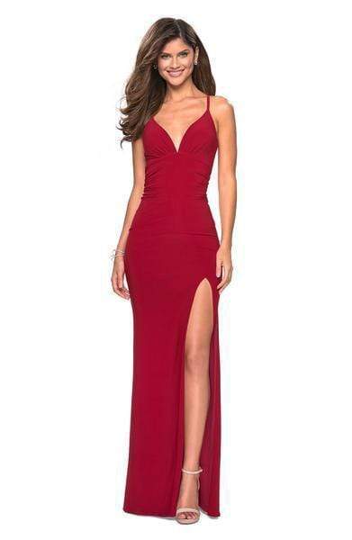 La Femme - Plunging V-neck Jersey Sheath Evening Gown 27622SC - 1 pc Red in Sizes 0 CCSALE 8 / Red