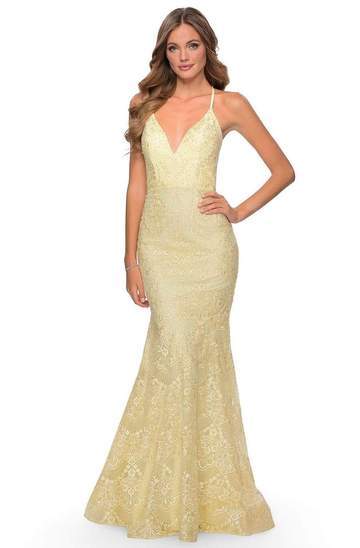 La Femme - Plunging V-Neck Thin Straps Mermaid Dress 28643SC - 1 pc Pale Yellow In Size 4 Available CCSALE 4 / Pale Yellow