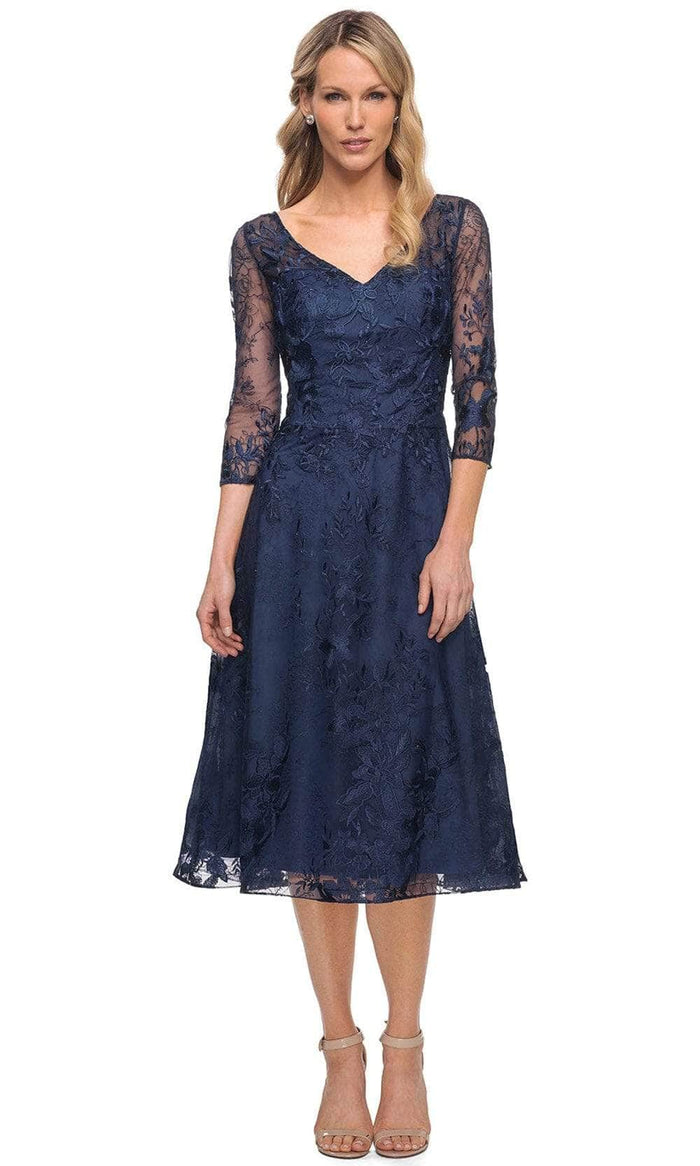 La Femme - Quarter Sleeve Lace Cocktail Dress 30016SC - 2 pc Navy In Size 12 and 14 Available CCSALE
