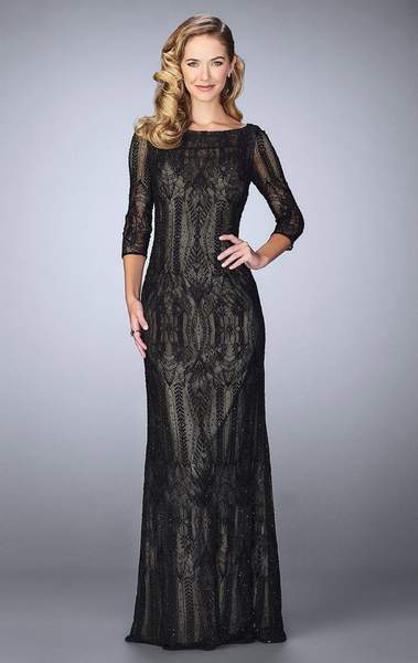 La Femme - Quarter Sleeve Sheer Lace Evening Gown 24855 - 1 pc Black in Size 8 Available CCSALE 8 / Black