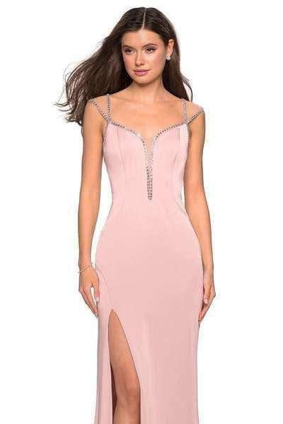 La Femme - Rhinestone Embellished Gown with Slit 27081 - 2 pcs Blush in sizes 00 and 6 Available CCSALE 6 / Blush