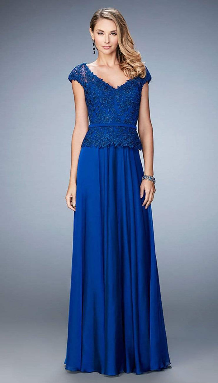 La Femme - Rosette Peplum Chiffon Gown 23085SC - 1 pc Marine Blue in Size 16 and 1 pc Boysenberry in Size 18 Available CCSALE 18 / Marine Blue