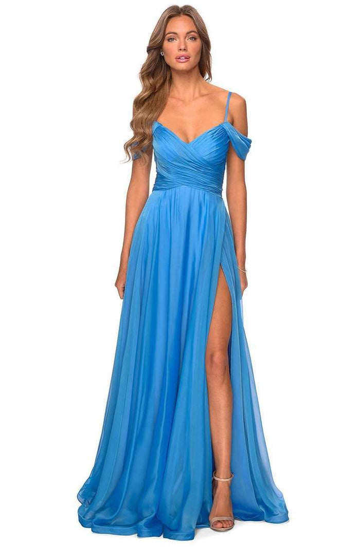 La Femme - Ruched Cold Shoulder A-Line Evening Dress 28942SC - 1 pc Cloud Blue In Size 0 Available CCSALE 0 / Cloud Blue