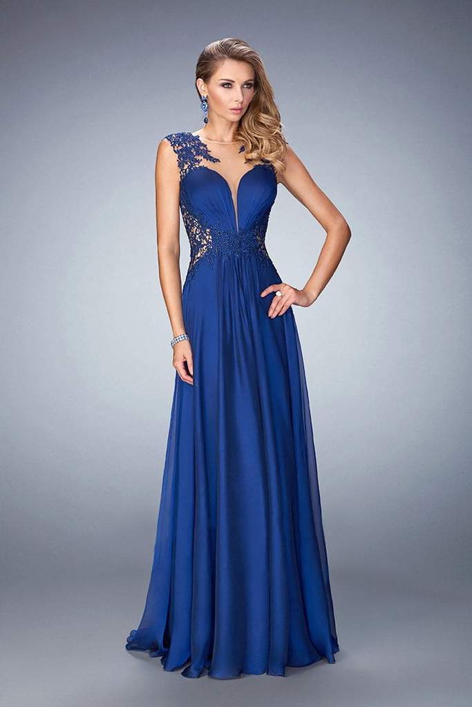 La Femme - Ruched Illusion Embellished A-Line Dress 21921 CCSALE 0 / Marine Blue