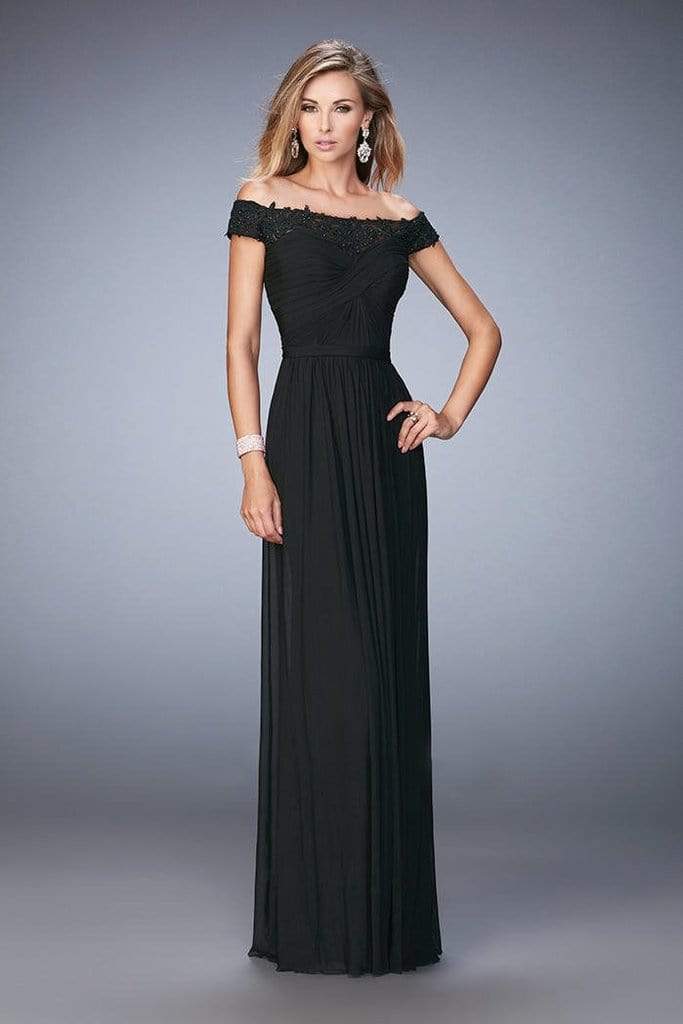 La Femme Ruched Off Shoulder Criss Cross Evening Gown 21979SC - 1 pc Black In Size 2 Available CCSALE 2 / Black