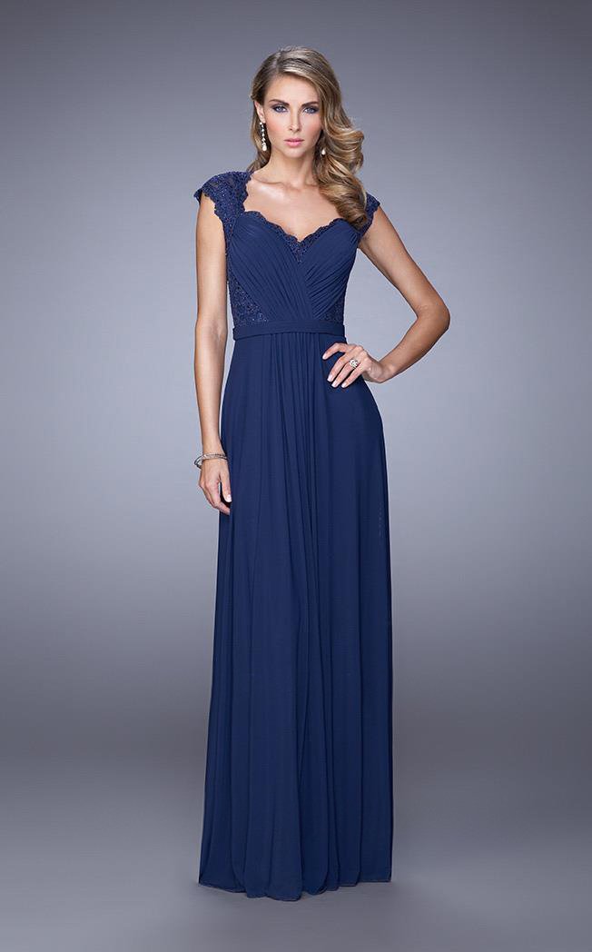 La Femme - Ruched V Neck Cap Sleeves Sheath Long Gown 21685SC - 1 pc Navy In Size 4 Available CCSALE 4 / Navy