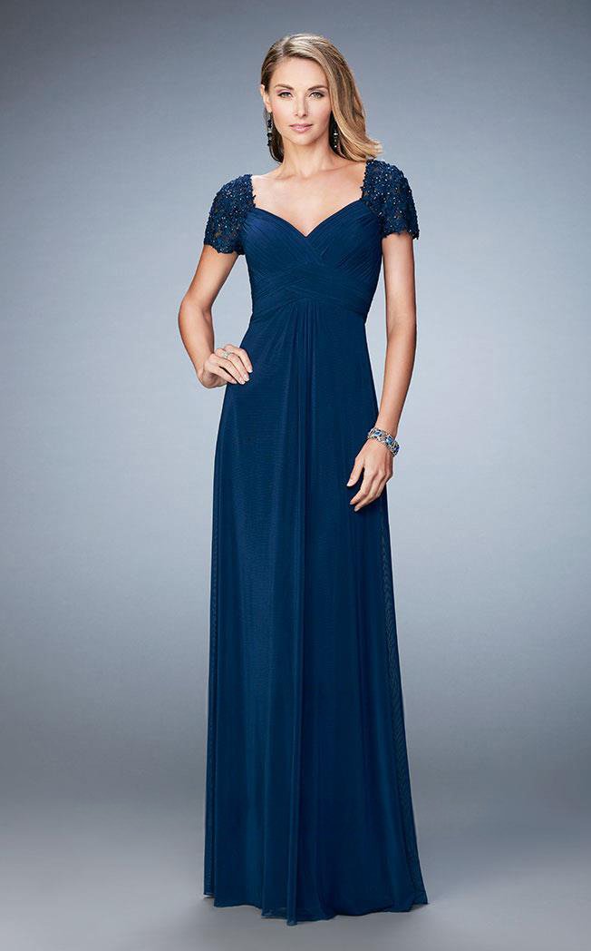 La Femme - Ruched V-Neck Column Dress 21765 - 1 pc Navy in Size 10 Available CCSALE 10 / Navy