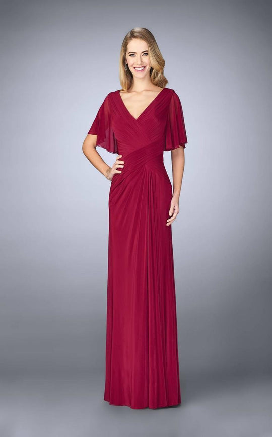 La Femme Ruched V Neck Criss Cross Waist Flutter Sleeves Gown 23160SC - 1 Pc Navy In Size 4 Available CCSALE 10 / Burgundy