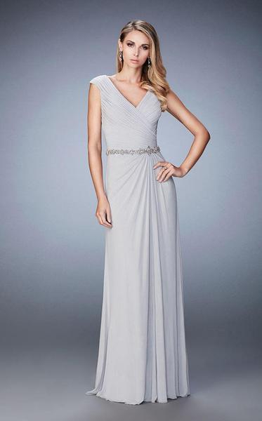 La Femme - Ruched V Neck Sheath Long Dress with Beaded Belt 23024SC - 1 pc Silver In Size 8 Available CCSALE 8 / Silver