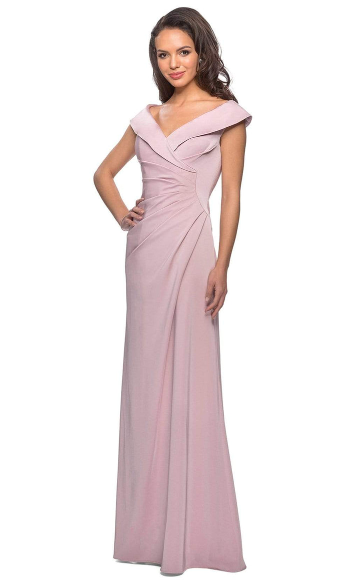 La Femme - Ruched Wide V Neck Evening Dress 26523SC CCSALE 18 / Light Blush