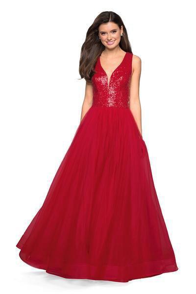 La Femme - Sequined Deep V-neck Tulle Ballgown 27336 - 1 pc Red In Size 8 Available CCSALE 8 / Red
