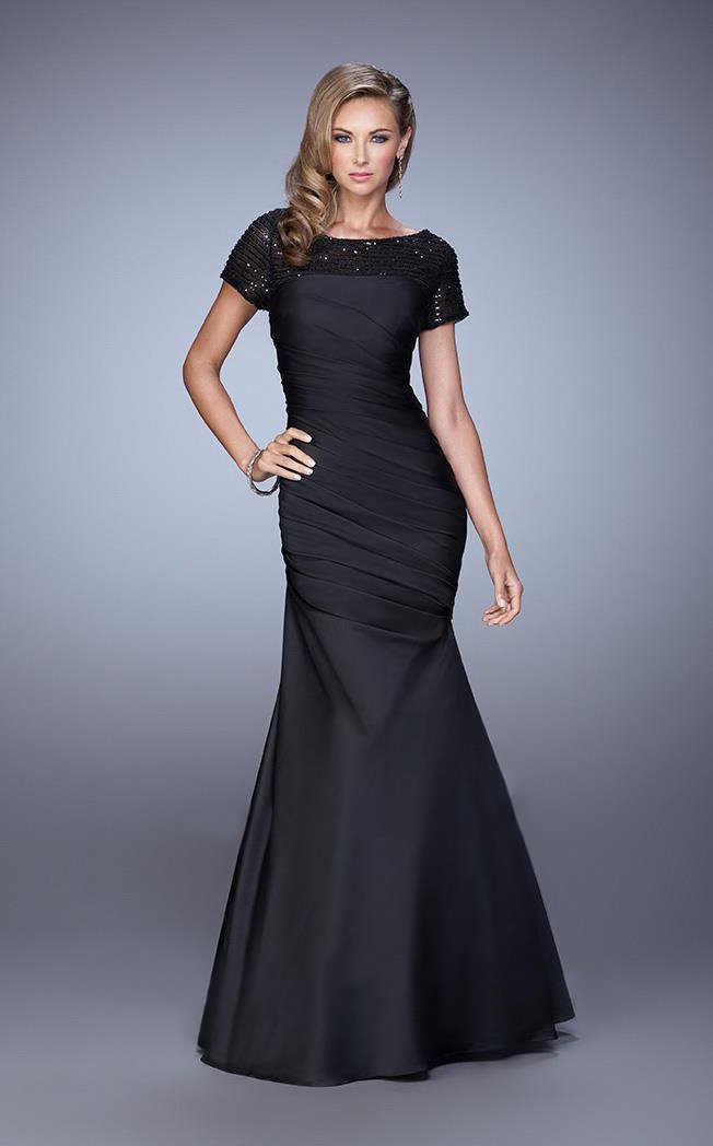 La Femme - Sequined Short Sleeves Draped Mermaid Gown 21670 - 1 pc Black in Size 6 Available CCSALE 8 / Black
