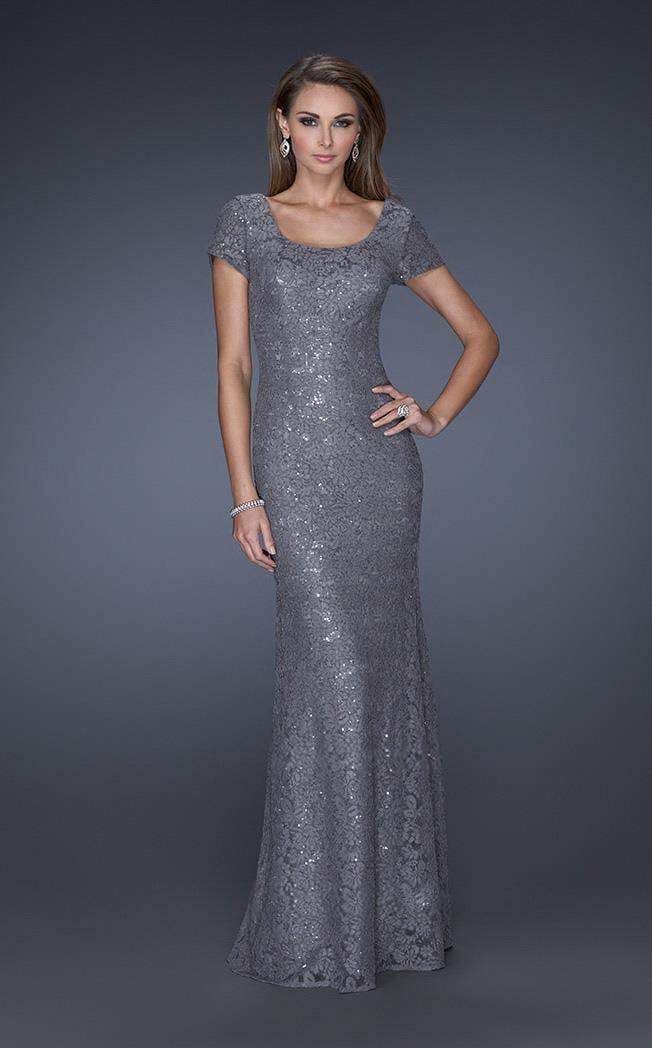 La Femme Sequined Short Sleeves Sheath Evening Gown 20463SC - 2 Pcs Platinum in Sizes 2 and 10 Available CCSALE 2 / Platinum