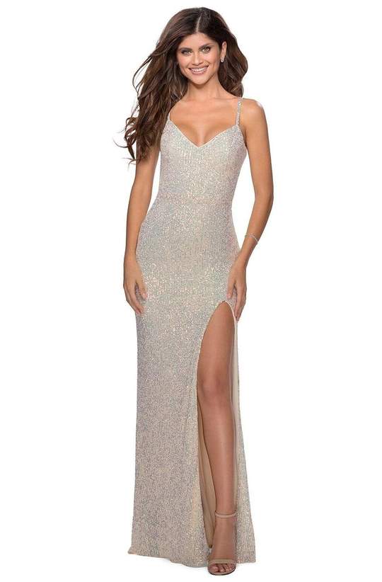 La Femme - Sequined V-Neck Dress with Slit 28441SC - 1 pc Champagne In Size 2 Available CCSALE 2 / Champagne