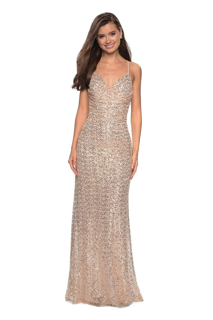 La Femme - Sequined V-Neck Open Back Gown 27234 - 1 pc Light Gold In Size 0 Available CCSALE 0 / Light Gold