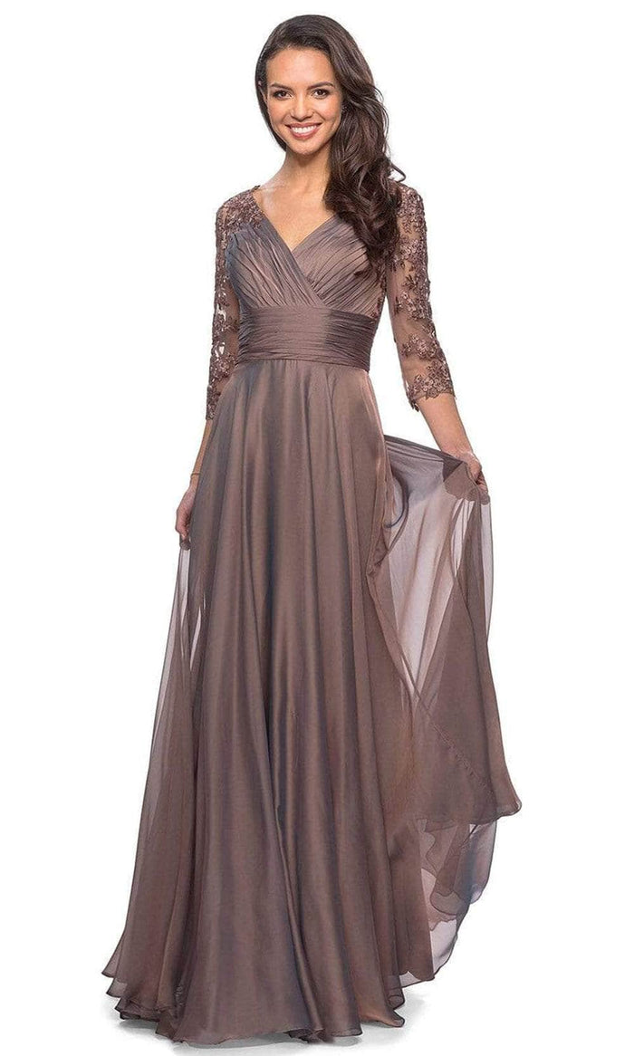 La Femme - Sheer Lace Quarter Sleeves Empire Waist A-Line Gown 27153SC CCSALE 20 / Cocoa