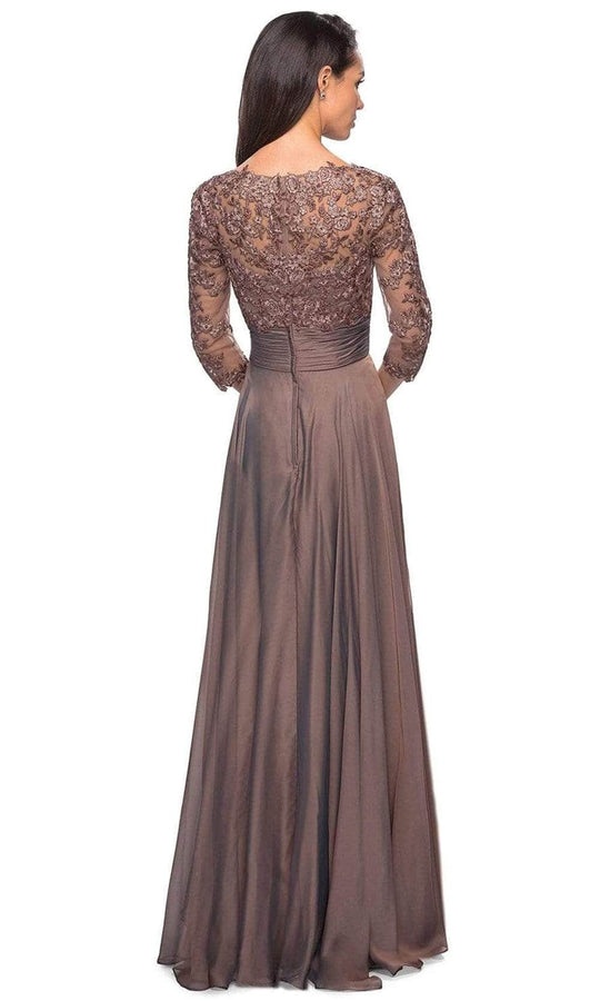 La Femme - Sheer Lace Quarter Sleeves Empire Waist A-Line Gown 27153SC