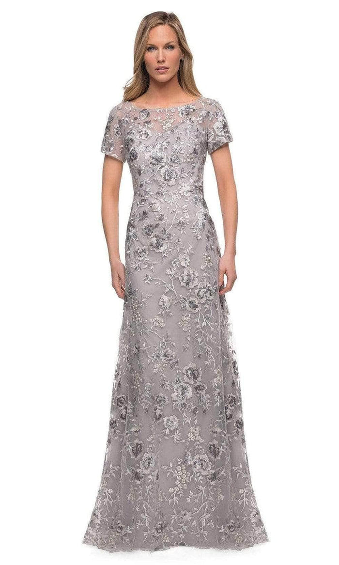 La Femme - Short Sleeve Embroidered A-line Gown 29281SC - 1 pc Silver In Size 10 Available CCSALE 10 / Silver