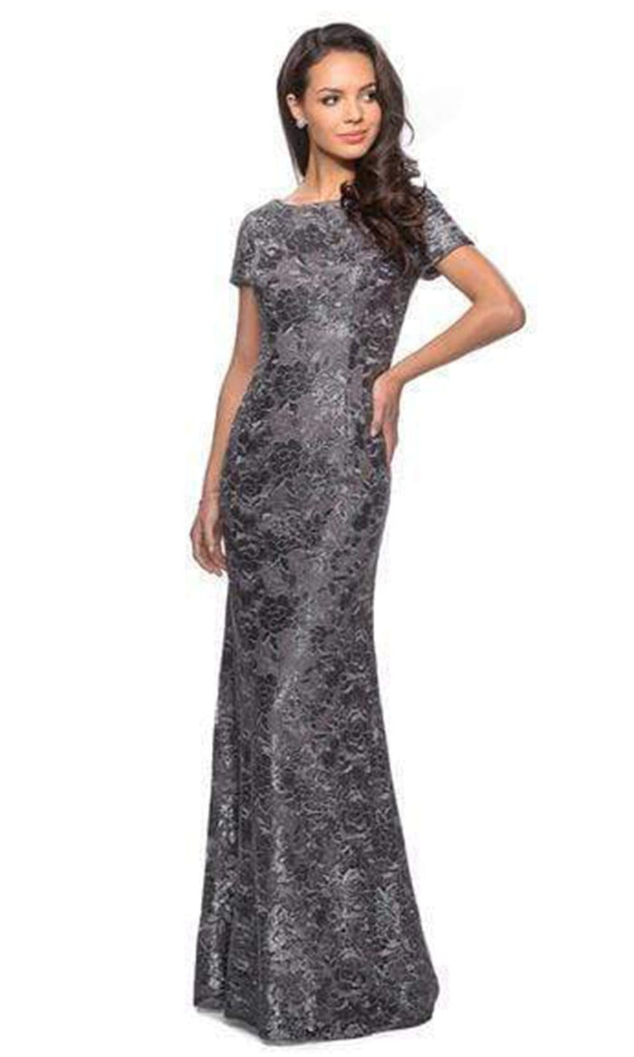 La Femme - Short Sleeve Floral Bateau Evening Dress 27884SC - 2 pcs Gunmetal In Size 16 and 18 Available CCSALE 16 / Gunmetal