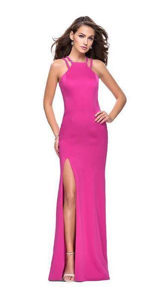 La Femme - Sleeveless High Halter Satin Sheath Gown 25540SC - 1 pc Hot Fuchsia In Size 0 Available CCSALE 0 / Hot Fuchsia