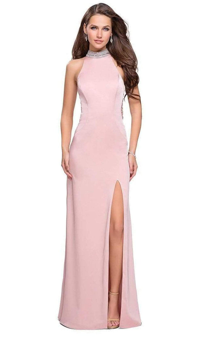 La Femme - Sleeveless High Halter Sheath Dress 25767SC - 1 pc Blush In Size 2 Available CCSALE 2 / Blush