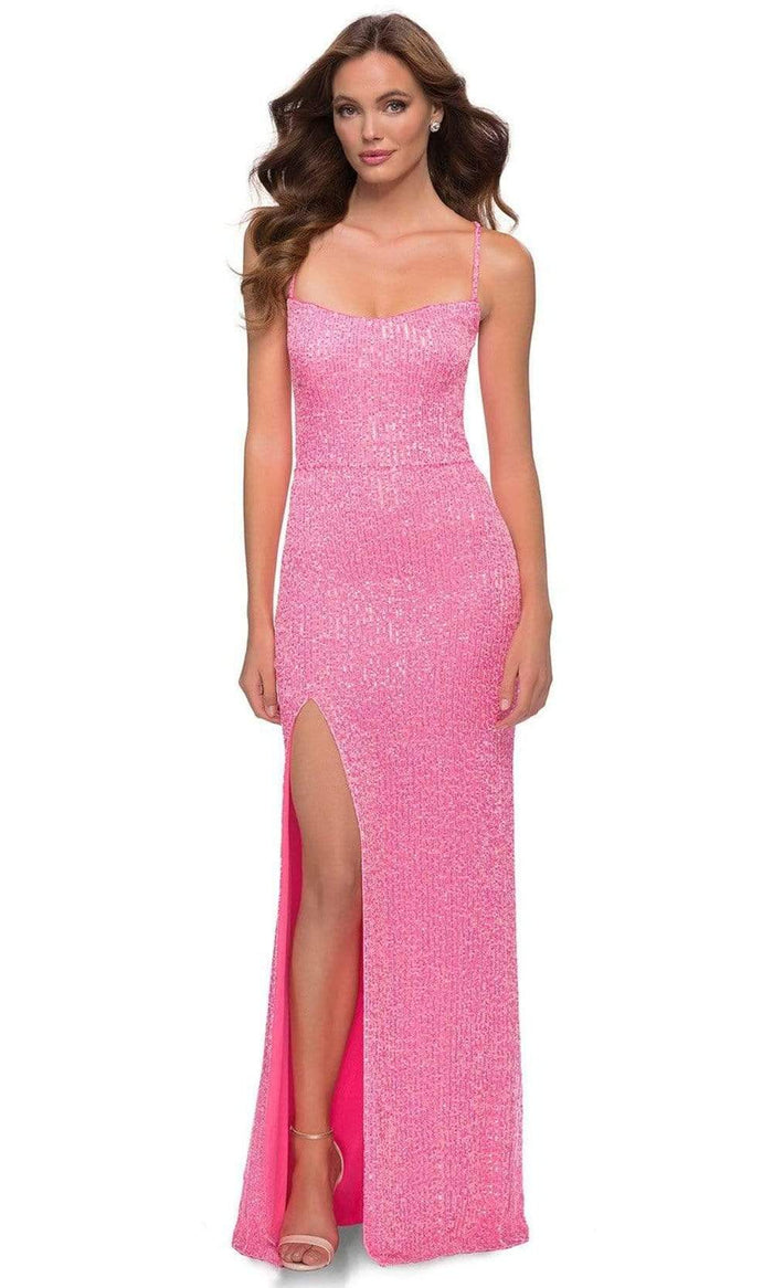 La Femme - Spaghetti Strappy Long Sequin Dress 29986SC - 1 pc Neon Pink In Size 2 Available CCSALE 2 / Neon Pink