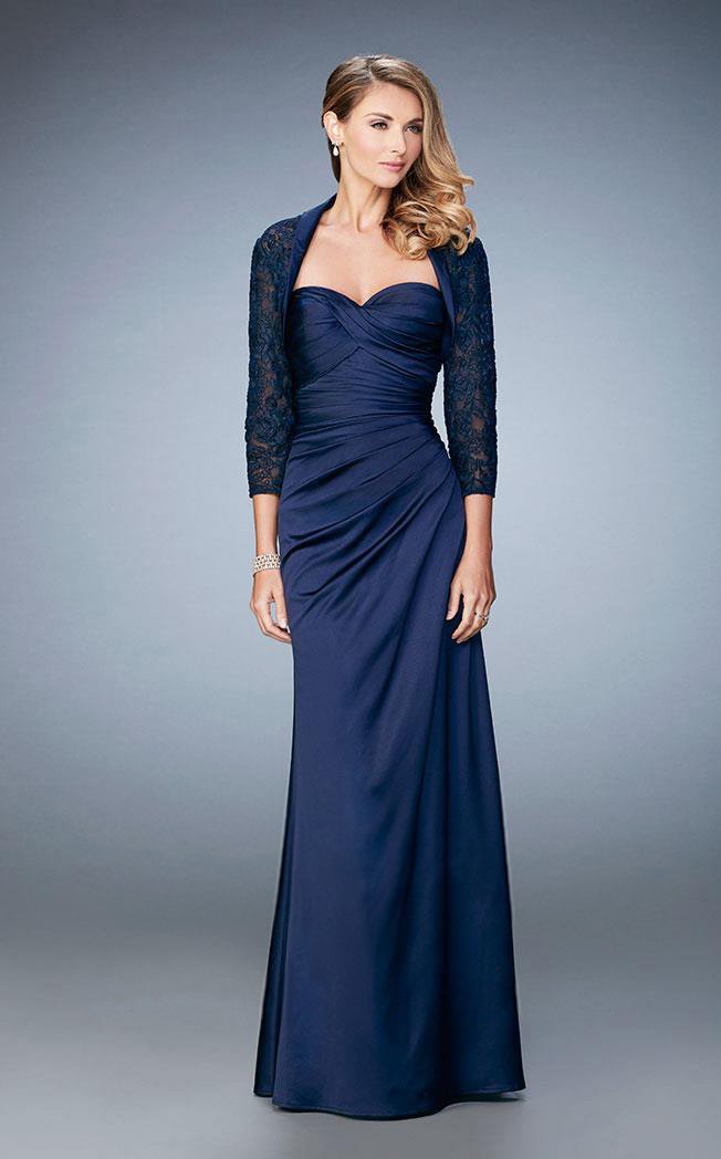 La Femme Strapless Ruched Sheath Gown with Jacket 21776 CCSALE 8 / Navy