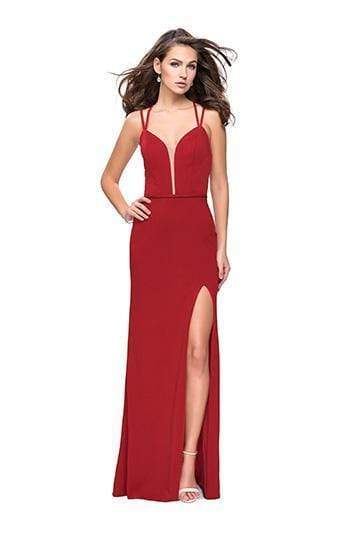 La Femme - Strappy Deep V-neck Sheath Dress 26023SC - 1 pc Red In Size 0 Available CCSALE 0 / Red