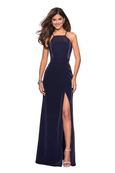 La Femme - Strappy Fitted Halter Gown with Slit 26962 - 1 pc Navy In Size 10 Available CCSALE 10 / Navy