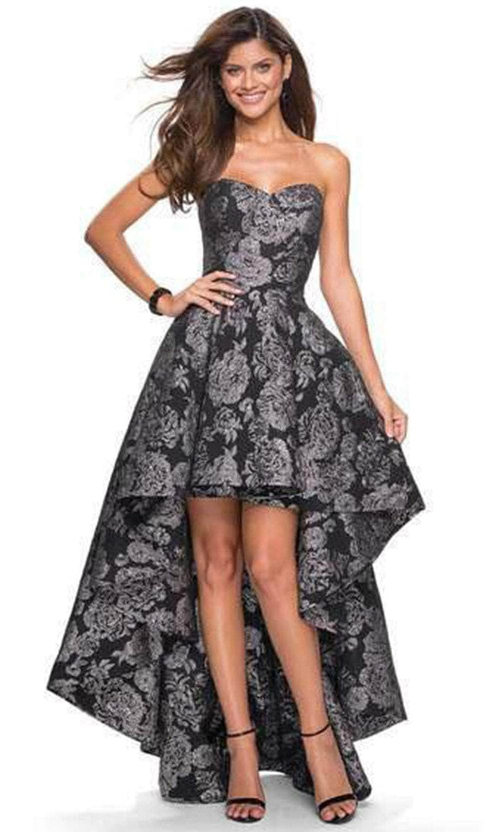 La Femme - Sweetheart Jacquard High Low Dress 27468SC - 1 pc Black/Silver In Size 2 Available CCSALE 2 / Black/Silver