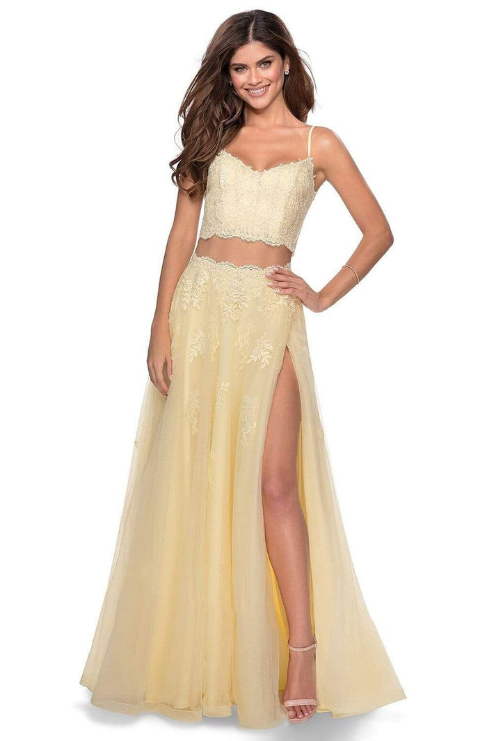 La Femme - Two Piece Floral Adorned Tulle A-line Gown 28271SC - 1 pc Pale Yellow In Size 4 Available CCSALE 4 / Pale Yellow