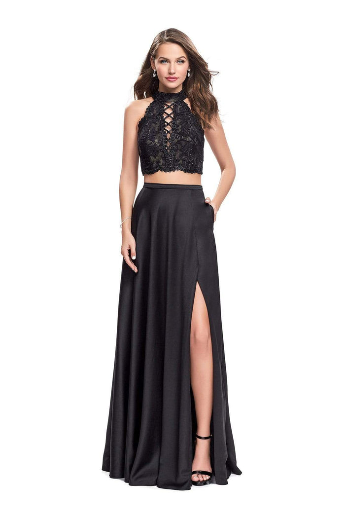 La Femme - Two-Piece High Halter Lace Up Bodice A-Line Gown 25263 - 1 pc Black In Size 8 Available CCSALE 8 / Black