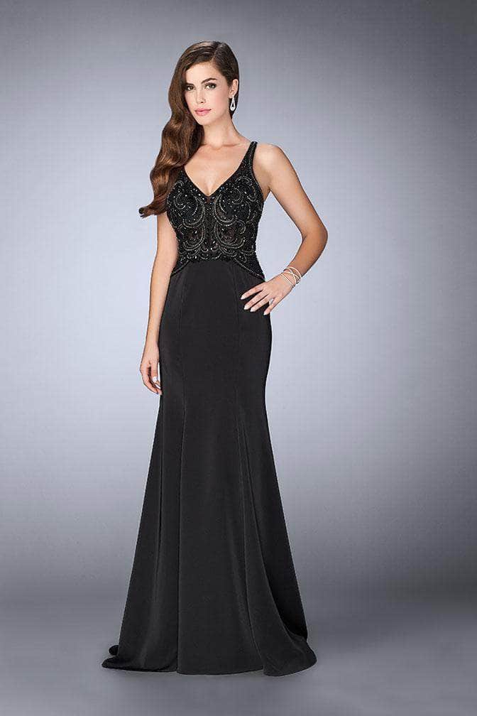 La Femme - V-Neck Cutout Back Evening Gown 23909SC - 1 pc Black In Size 6 Available CCSALE 6 / Black