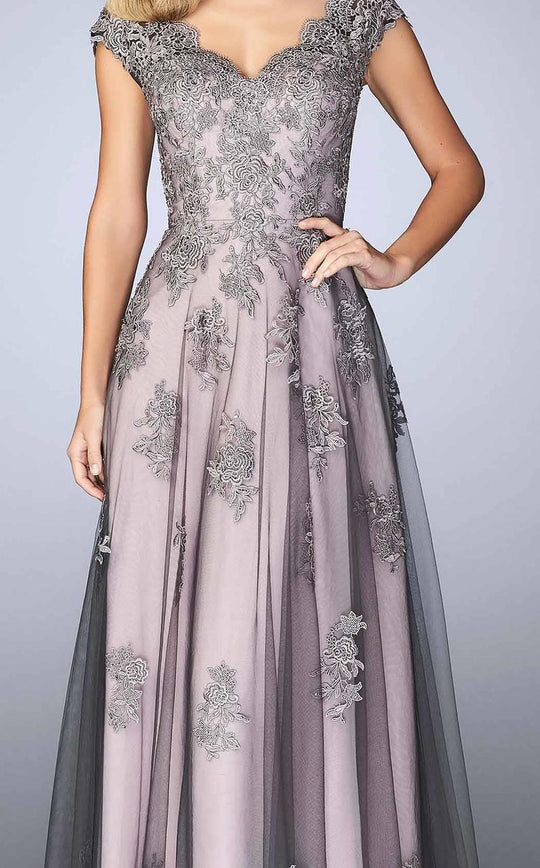 La Femme - V-Neck Two Tone Lace Evening Gown 23449SC