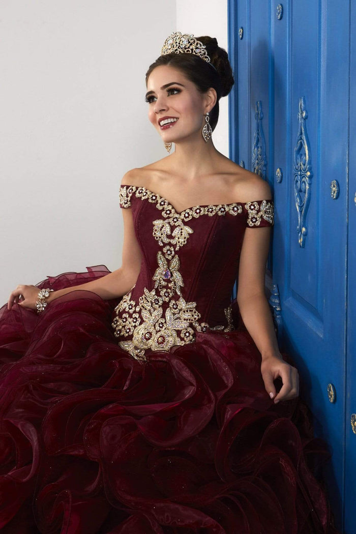 LA Glitter - 24041 Beaded Off-Shoulder Ruffled Glitter Tulle Ballgown Special Occasion Dress 0 / Burgundy/Gold