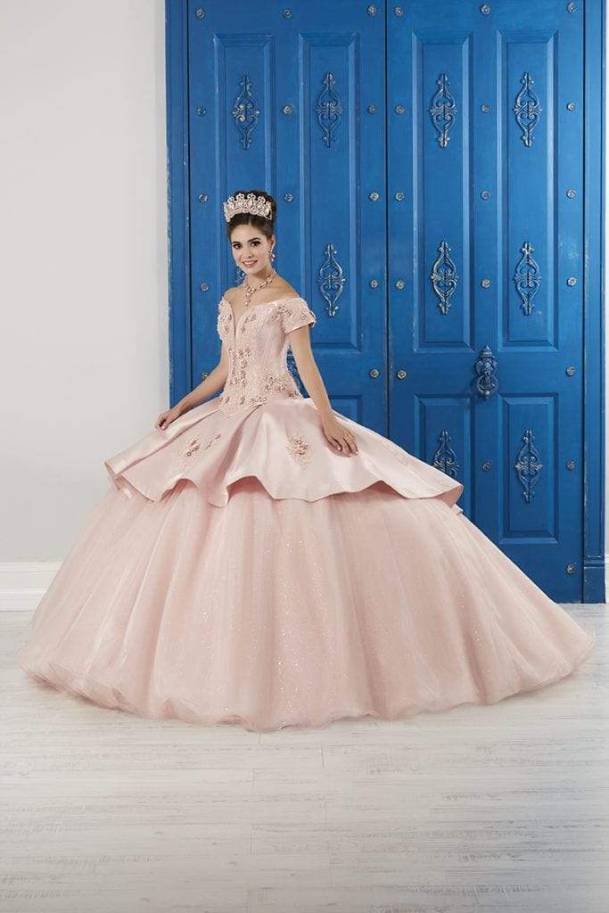 LA Glitter - 24044 Floral Lace Deep Offshoulder Glitter Tulle Ballgown Special Occasion Dress 0 / Blush