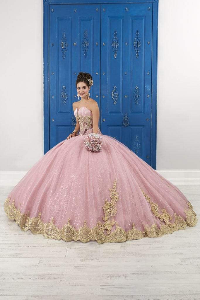 LA Glitter - 24045 Beaded Lace Sweetheart Glitter Tulle Ballgown Special Occasion Dress 0 / Dusty/Gold