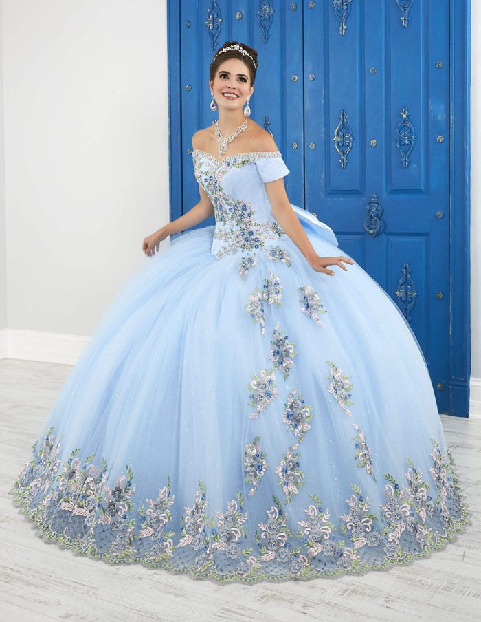 LA Glitter - 24049 Lace Off-Shoulder Tulle Ballgown Special Occasion Dress 0 / Baby Blue