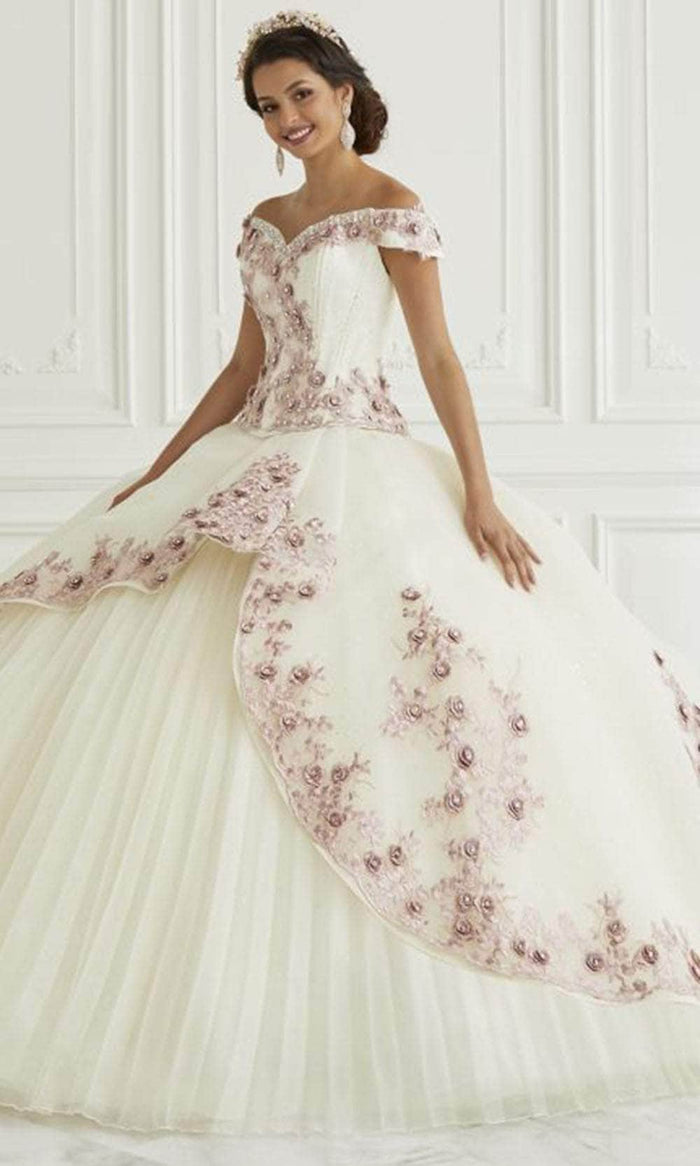 LA Glitter - 24092 Off Shoulder Floral Ballgown Special Occasion Dress 0 / Ivory/Rose Pearl