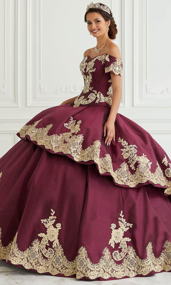 LA Glitter - 24094 Off Shoulder Lace Up Back Ballgown Special Occasion Dress 0 / Burgundy/Gold