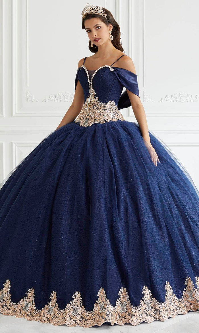 LA Glitter - 24095 Embellished Plunging Sweetheart Ballgown Special Occasion Dress 0 / Navy/Rose Gold