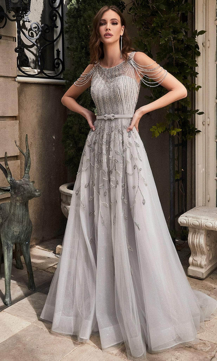 Ladivine B710 - Fringe Beaded A-line Glittered Gown Evening Dresses 6 / Silver