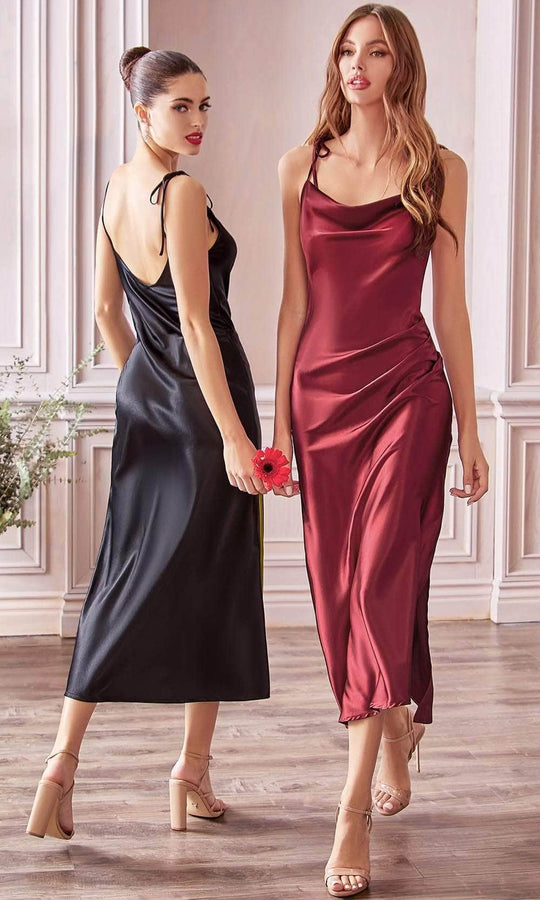 Ladivine BD103 - Satin Cowl Neck Sheath Tea-Length Dress