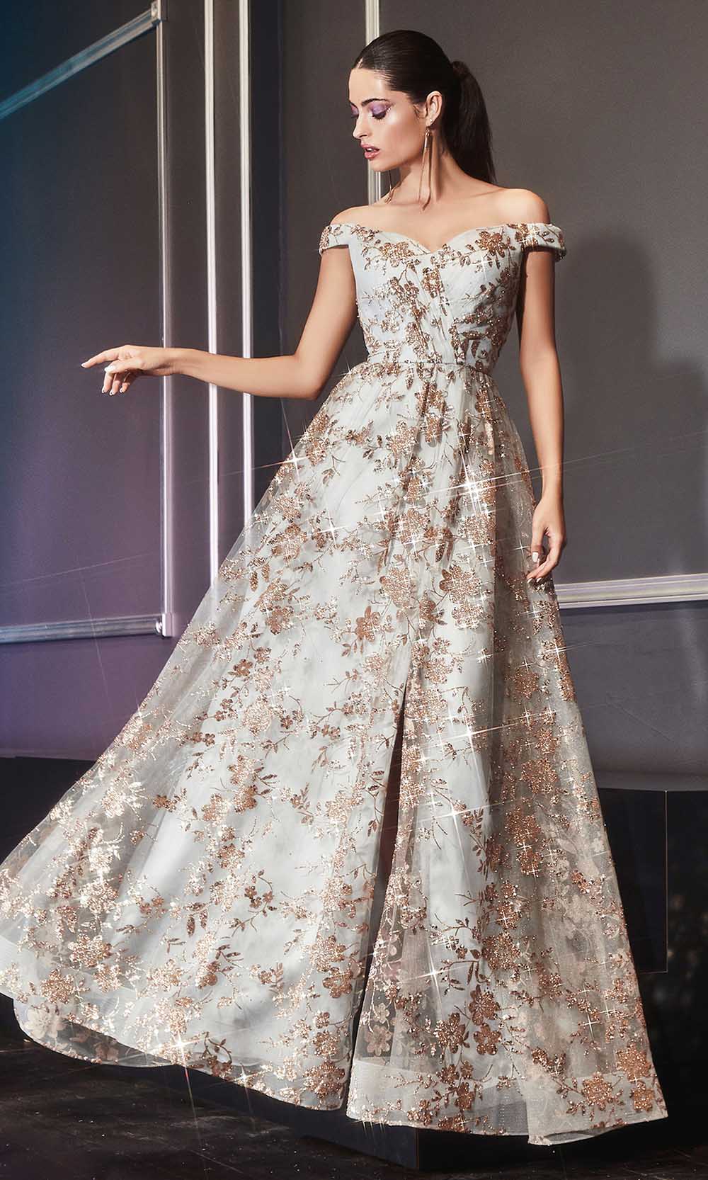 Ladivine CB069 - Adorned Print Off-Shoulder Modest Prom Gown - 2 / Gold-Mist Ladivine CB069 - Adorned Print Off-Shoulder Modest Prom Gown - 2 / Gold-Mist