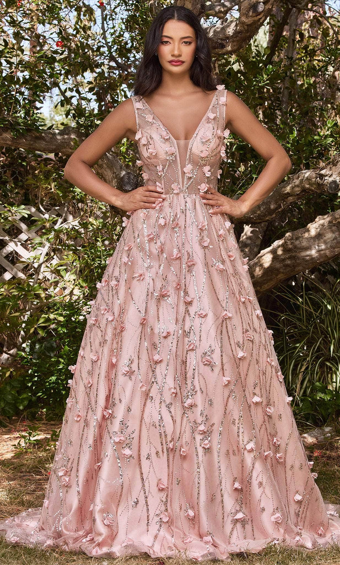 Ladivine CB085 - Floral Plunging V-Neck Ballgown Ball Gowns 4 / Rose Gold