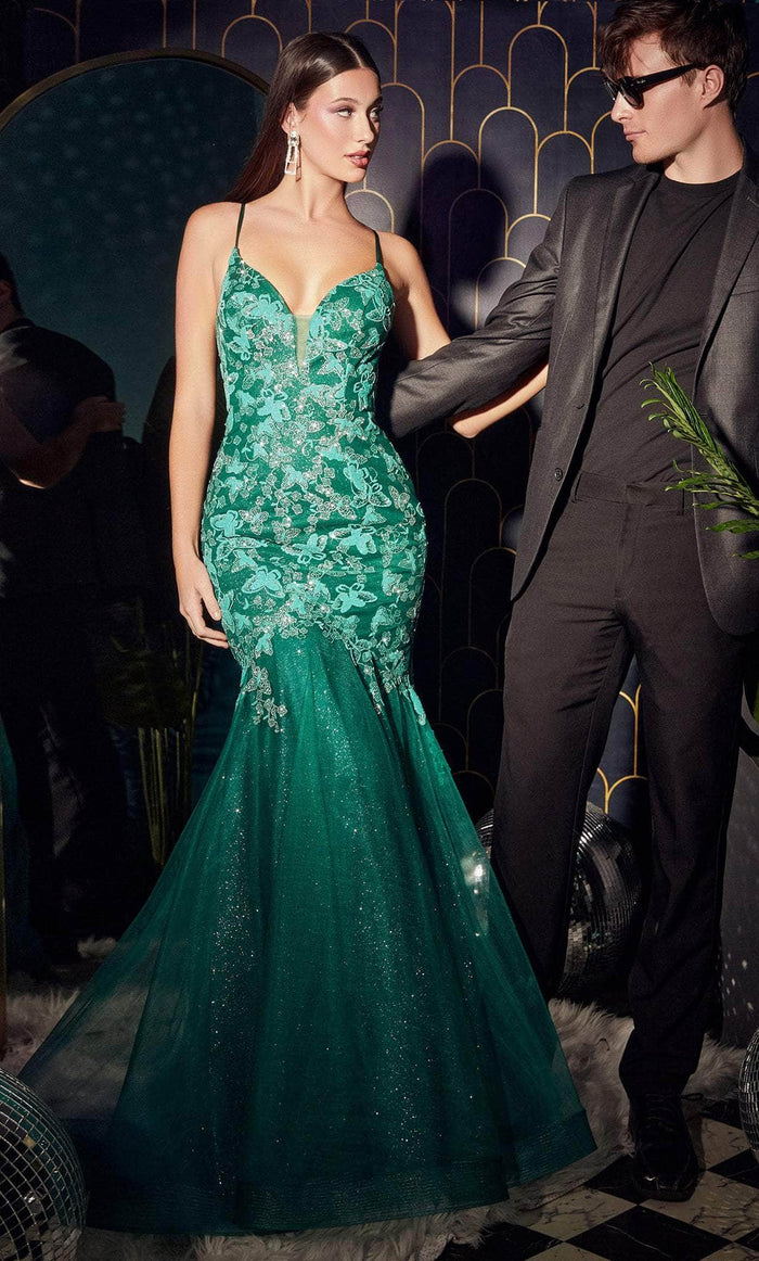 Ladivine CB112 - Butterfly Detailed Trumpet Gown Prom Dresses 4 / Emerald