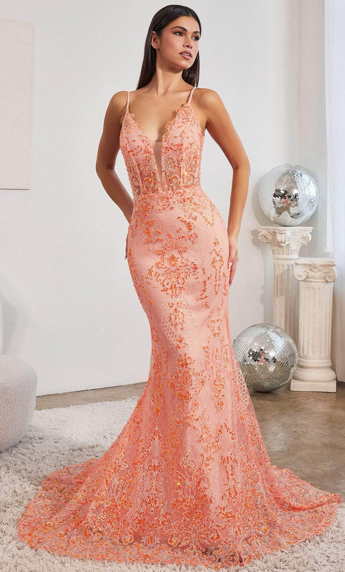 Ladivine CC2189 - Sheer Embellished Prom Dress Prom Dresses 2 / Neon Orange