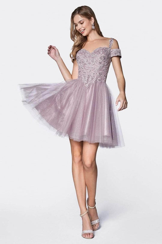 Ladivine CD0132 - Cold Shoulder Glitter Tulle Short Dress