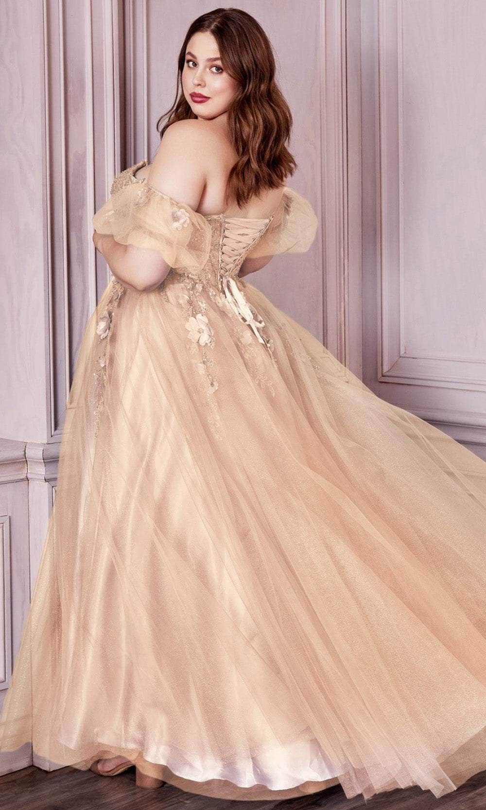 Plus-Size Long Prom Dress with Puff Sleeves - PromGirl Champagne / 3XLarge Plus-Size Long Prom Dress with Puff Sleeves - PromGirl Champagne / 3XLarge